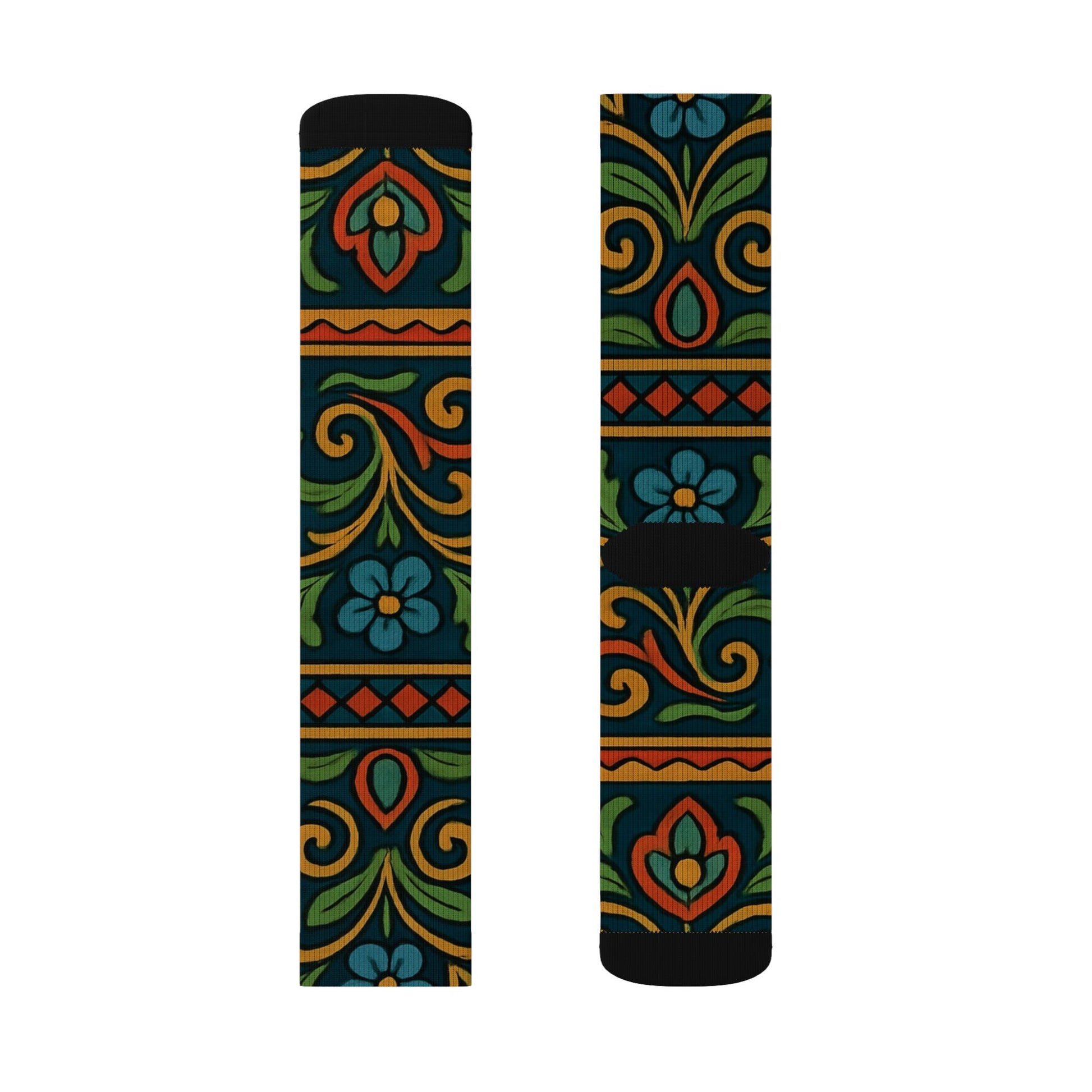 Victorian floral tile sublimation crew socks with all-over patterned print, featuring intricate floral and tile design in vibrant colors.