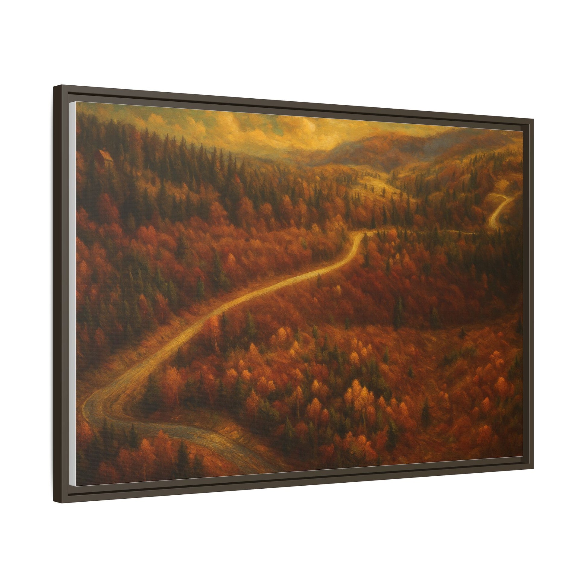 Framed matte canvas print of an autumn forest road landscape wall art by Printify showing vibrant fall trees and a winding path.