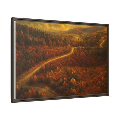Framed matte canvas print of an autumn forest road landscape wall art by Printify showing vibrant fall trees and a winding path.