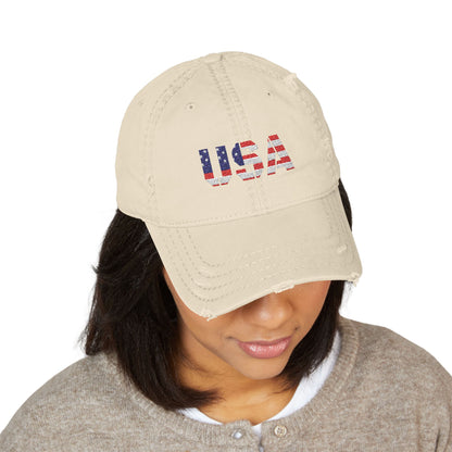 Distressed USA flag embroidered dad hat with curved brim and adjustable strap, featuring patriotic red, white, and blue colors.