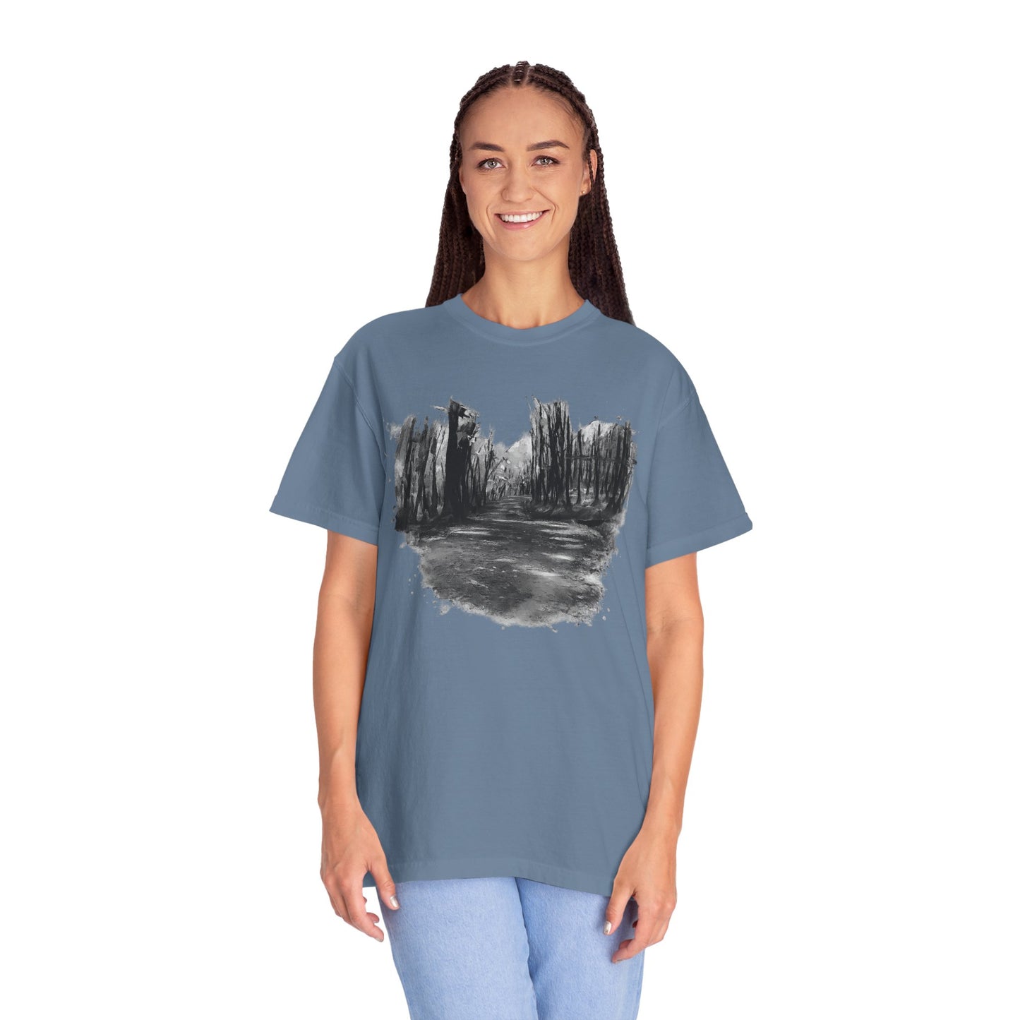 Artistic Forest Scene T-shirt | Nature Lover Gift, Outdoor Adventure Tee, Eco-Friendly Fashion, Vintage Inspired Clothing, Unisex Gift - TRV