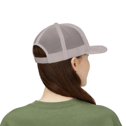 Vintage baseball snapback trucker cap with batter silhouette design by Printify, featuring adjustable brim and classic trucker style.