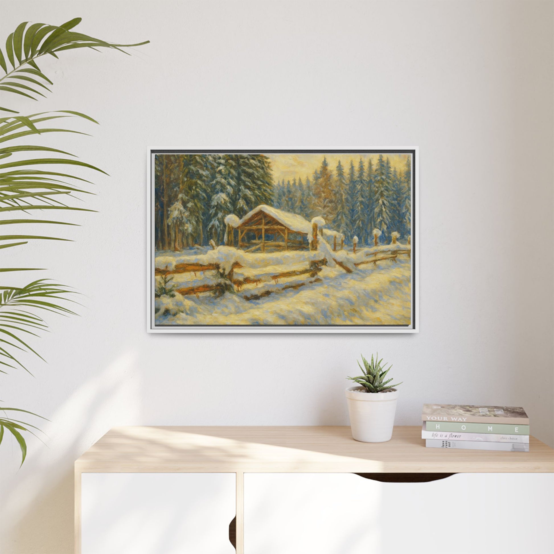 Winter landscape painting of a snowy cabin on matte canvas framed wall art by Printify, showcasing a cozy winter scene.
