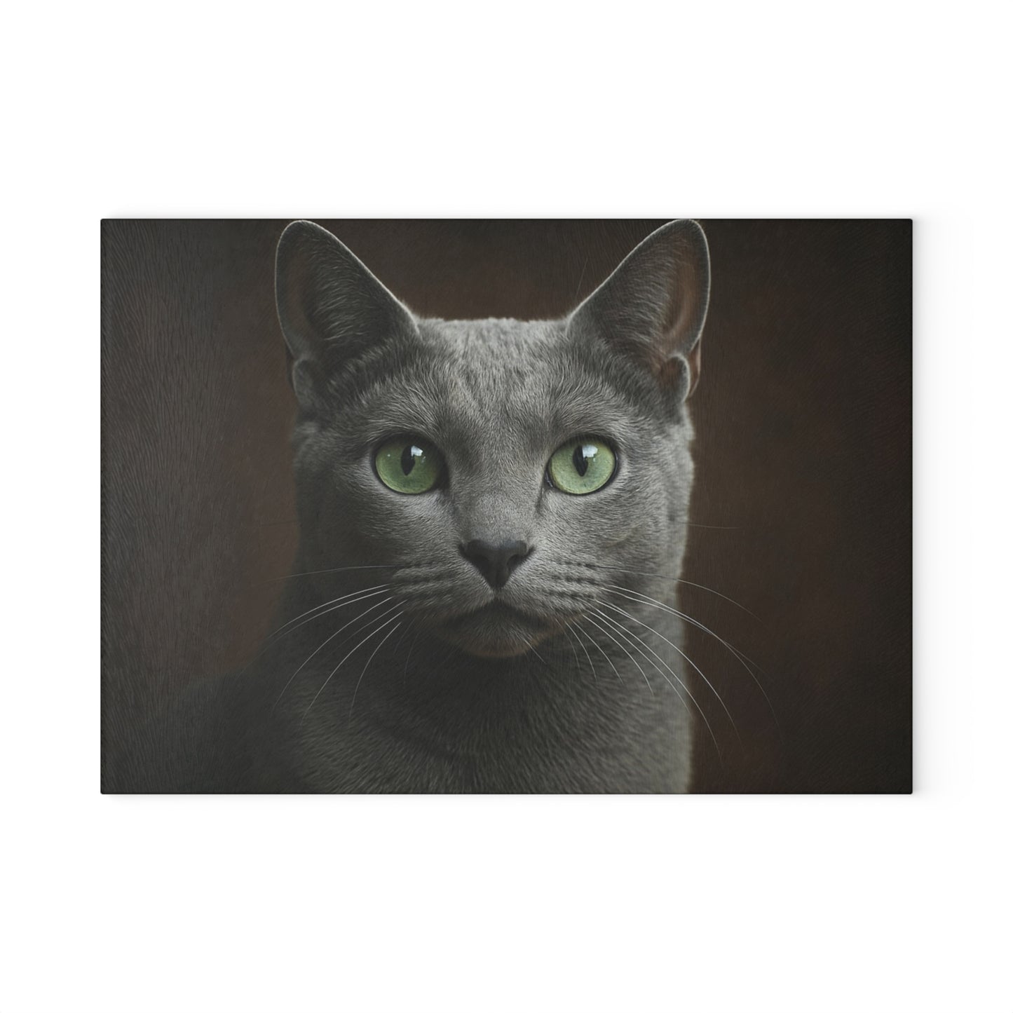 Russian Blue Cat Glass Cutting Board — Decorative Kitchen Cutting Board with Green-Eyed Cat Portrait