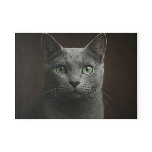 Russian Blue Cat Glass Cutting Board — Decorative Kitchen Cutting Board with Green-Eyed Cat Portrait