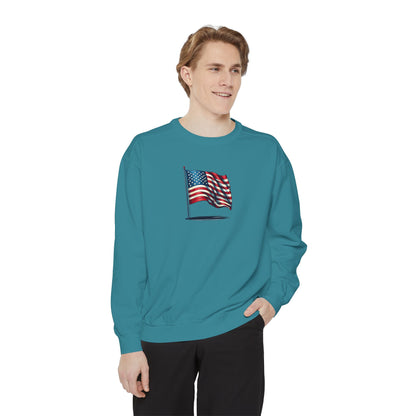 Patriotic Unisex Garment-Dyed Sweatshirt with Vintage American Flag, Cozy Fall Outfit, Statement Sweater, Gift for Veterans, Casual Fashion - TRV