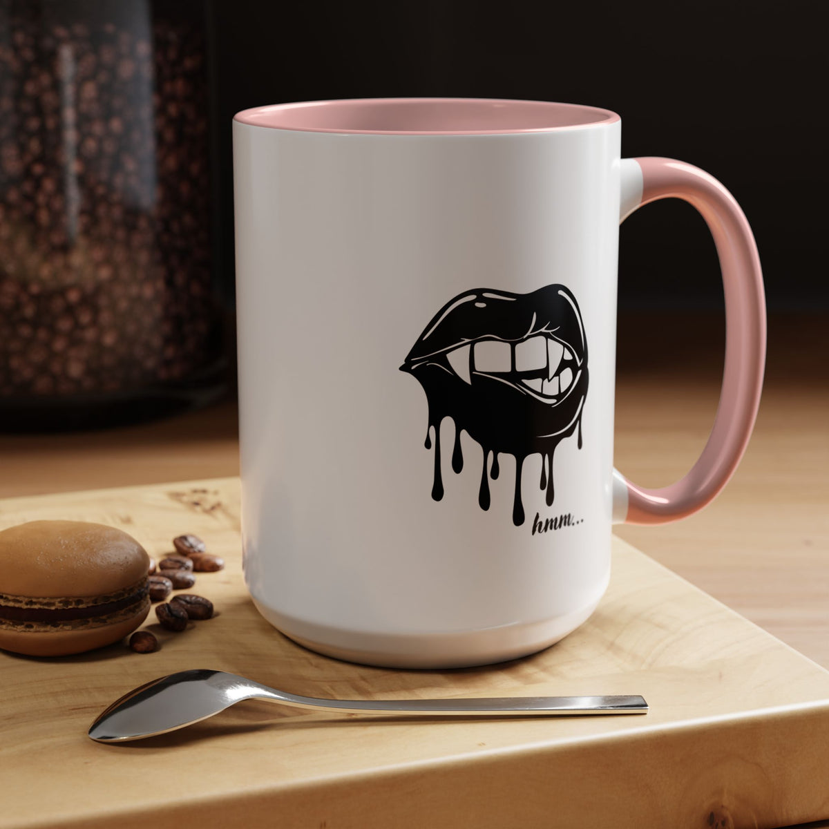 Black accent Dripping Bite coffee mug by Printify, 11oz or 15oz, showcasing a unique dripping bite design on a ceramic mug.