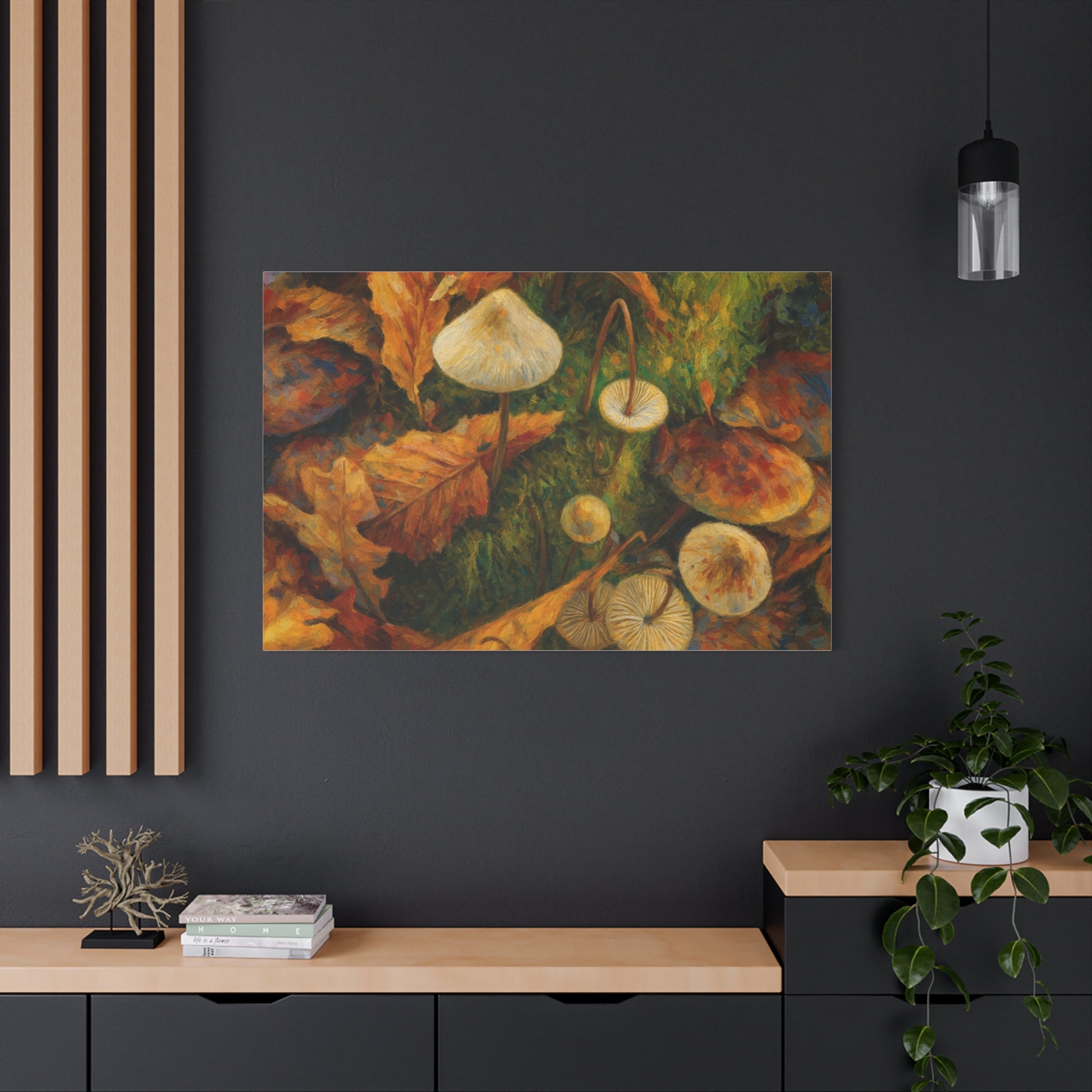 Autumn Mushrooms canvas print by Printify featuring colorful mushrooms and fall foliage on a textured canvas background