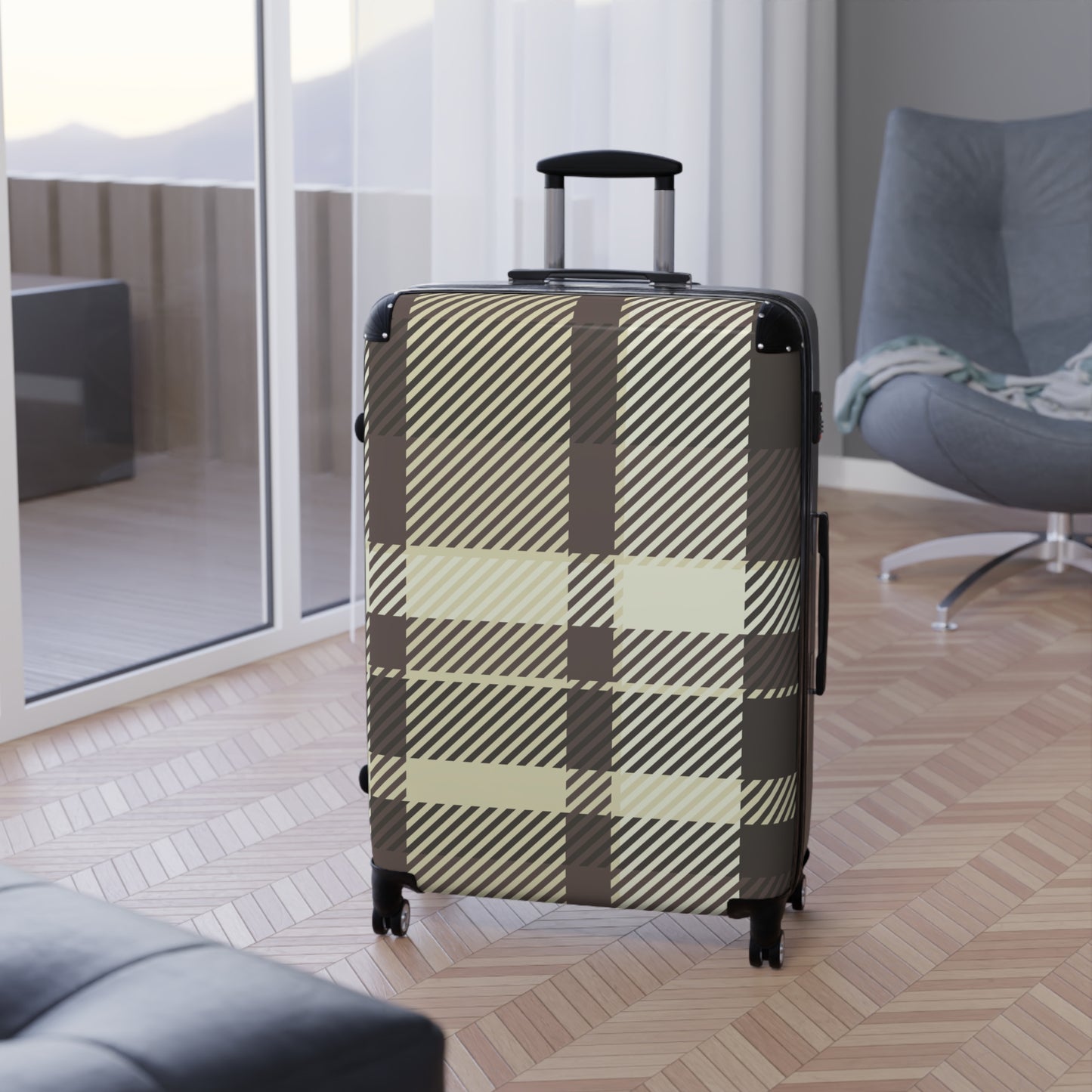 Plaid Carry-On Suitcase — Neutral Beige & Black Travel Luggage