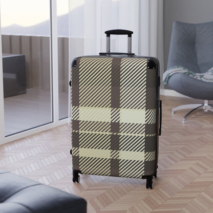 Plaid Carry-On Suitcase — Neutral Beige & Black Travel Luggage