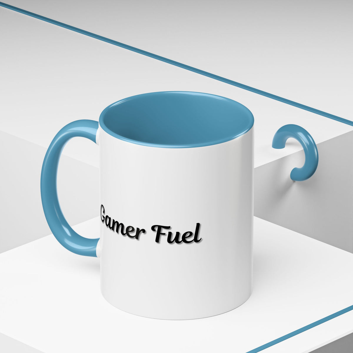 Printify Gamer Fuel coffee mug with black accent, 11oz or 15oz size, featuring a bold gaming-themed design on a ceramic mug.