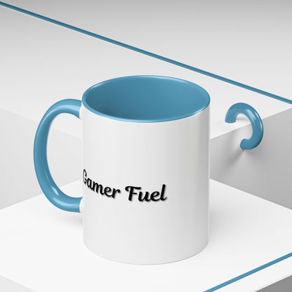 Printify Gamer Fuel coffee mug with black accent, 11oz or 15oz size, featuring a bold gaming-themed design on a ceramic mug.