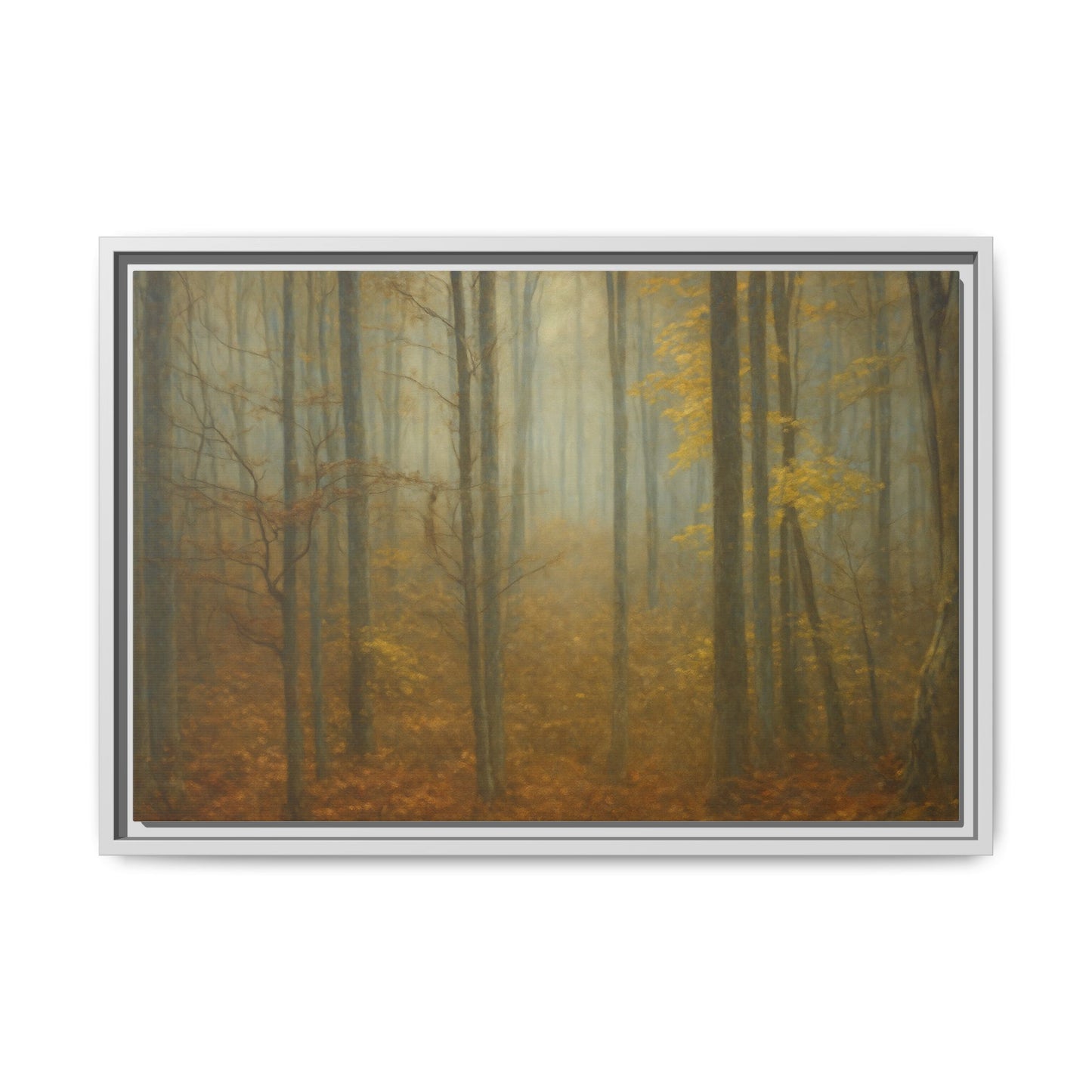 Framed matte canvas wall art of misty autumn forest scene, featuring vibrant fall foliage and trees in a serene landscape.