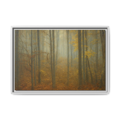 Framed matte canvas wall art of misty autumn forest scene, featuring vibrant fall foliage and trees in a serene landscape.