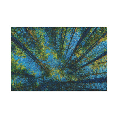 Forest Canopy Matte Canvas Wall Art — Upward View of Trees, Blue & Green Nature Print