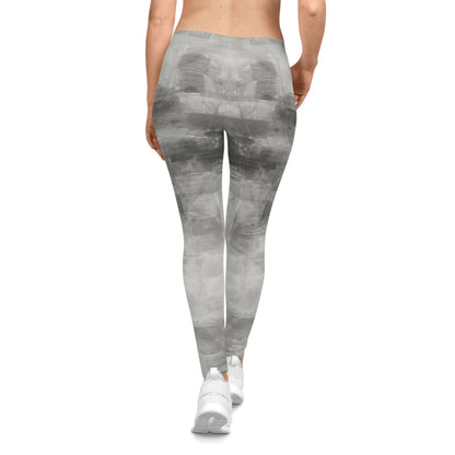 Gray watercolor tie-dye women's yoga leggings with all-over print, casual and comfortable for active wear.