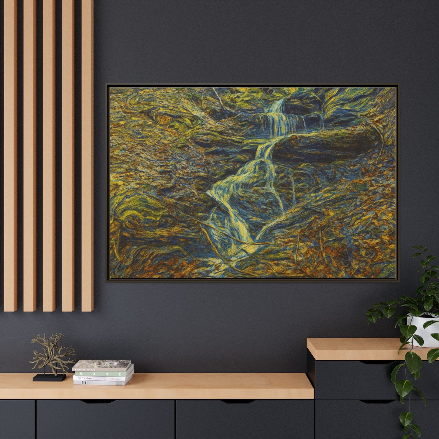 Framed matte canvas wall art featuring an autumn forest with a waterfall, designed by Printify.