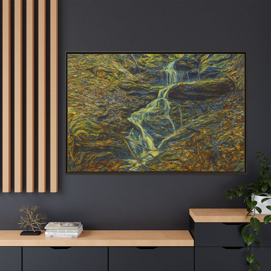 Framed matte canvas wall art featuring an autumn forest with a waterfall, designed by Printify.