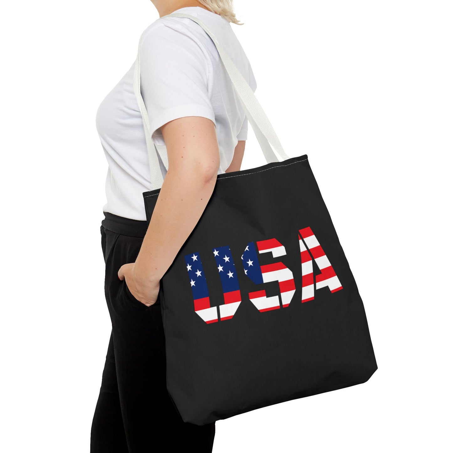 USA flag tote bag by Printify, reusable summer carryall featuring patriotic stars and stripes for 4th of July celebrations.