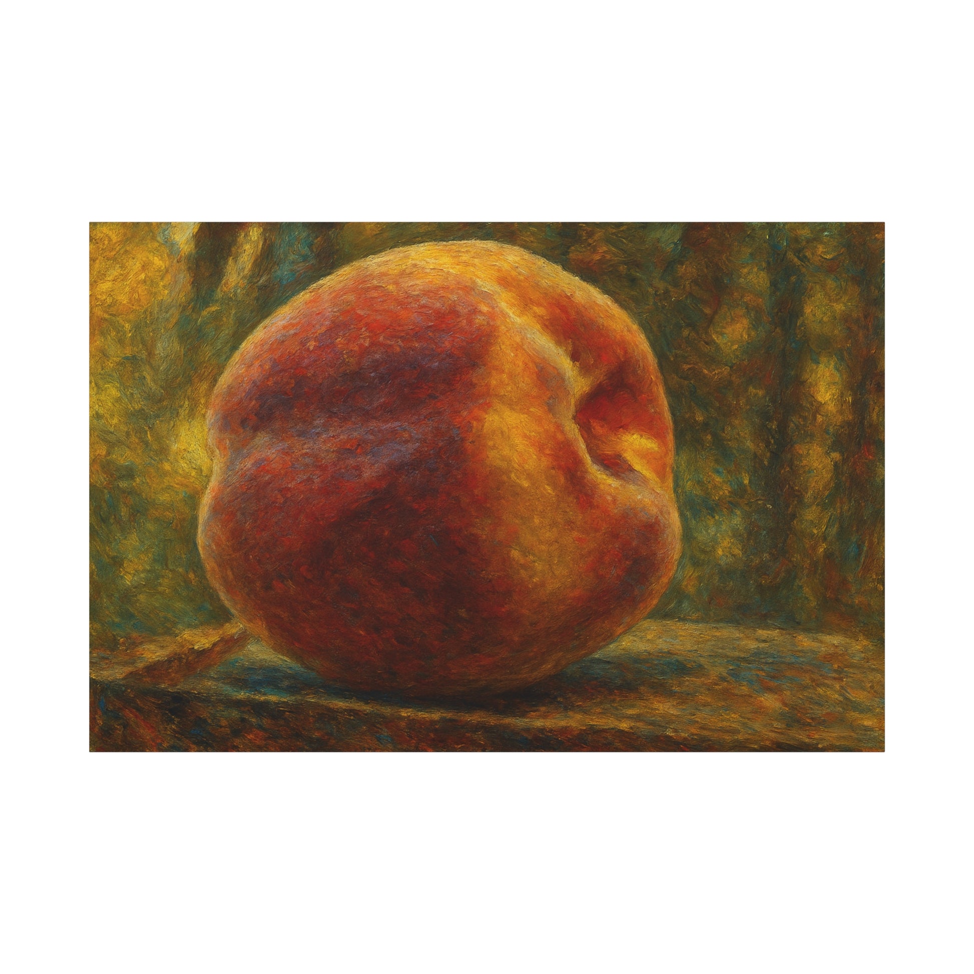 Peach still life matte canvas print by Printify, 1.25-inch stretched wall art featuring a vibrant peach fruit scene.