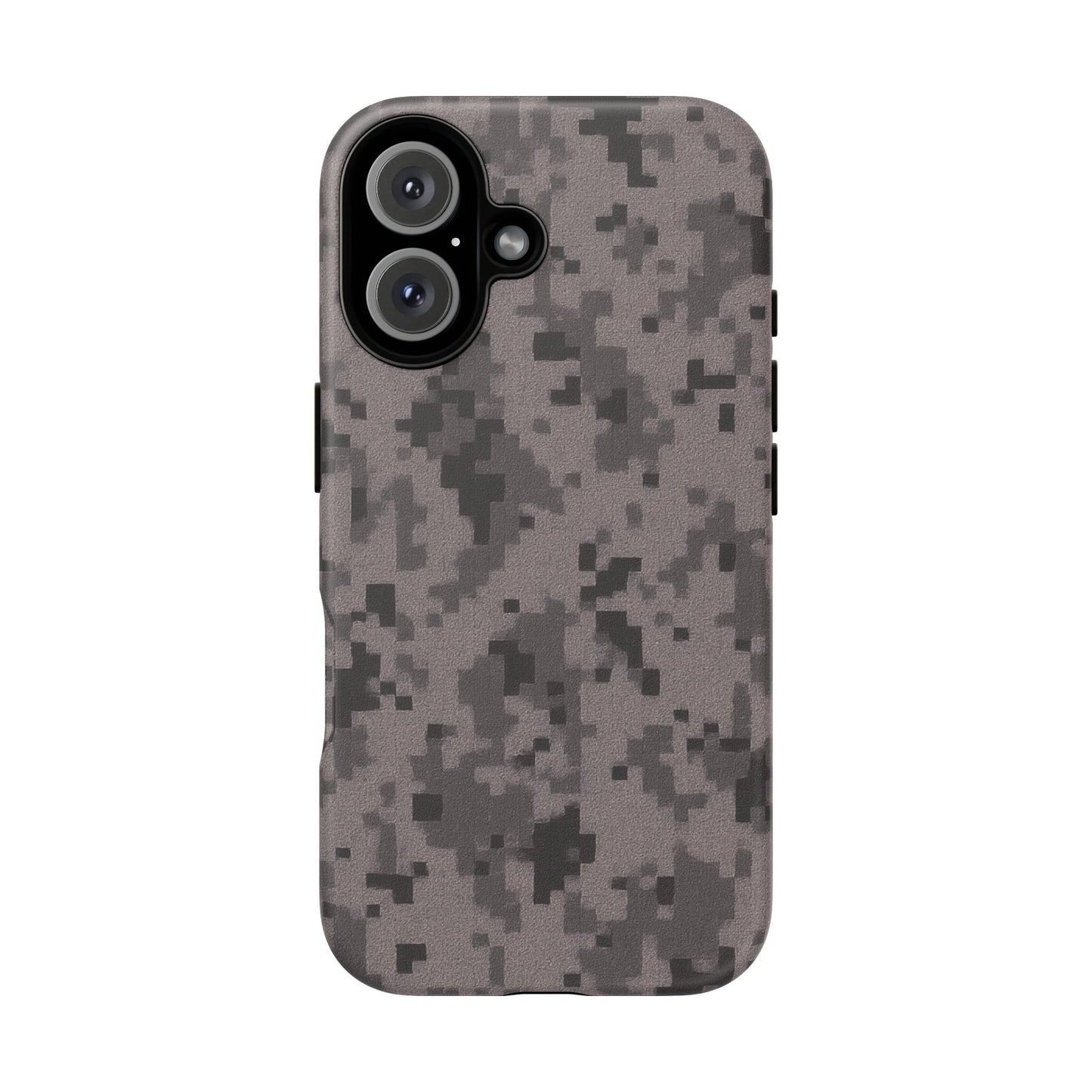 Gray digital camouflage phone case by Printify, tough protective cover for smartphones with a rugged camo design.