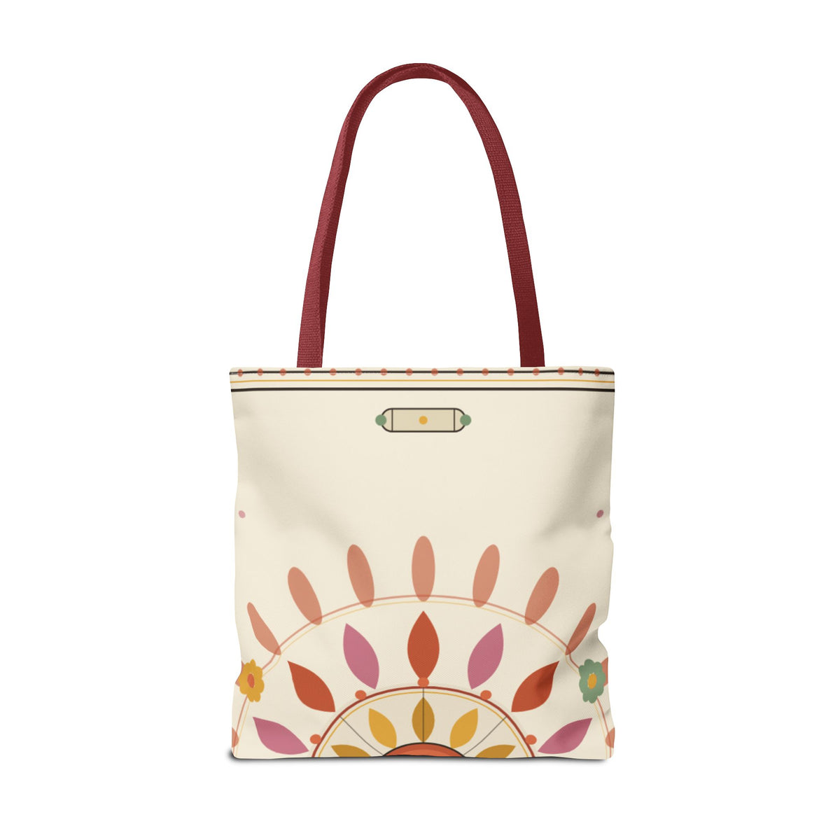 Boho floral mandala tote bag with pastel sunburst pattern, stylish canvas bag by Printify featuring vibrant bohemian design.