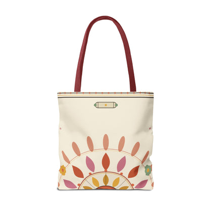 Boho floral mandala tote bag with pastel sunburst pattern, stylish canvas bag by Printify featuring vibrant bohemian design.