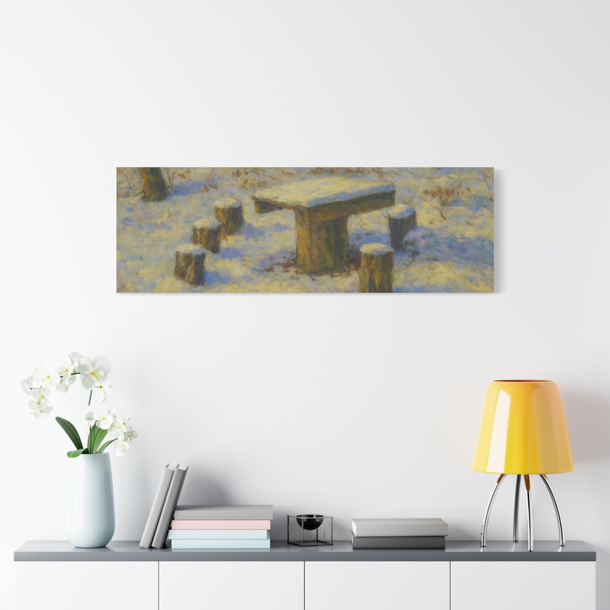 Winter landscape canvas wall art featuring a snowy forest scene, matte stretched print by Printify.