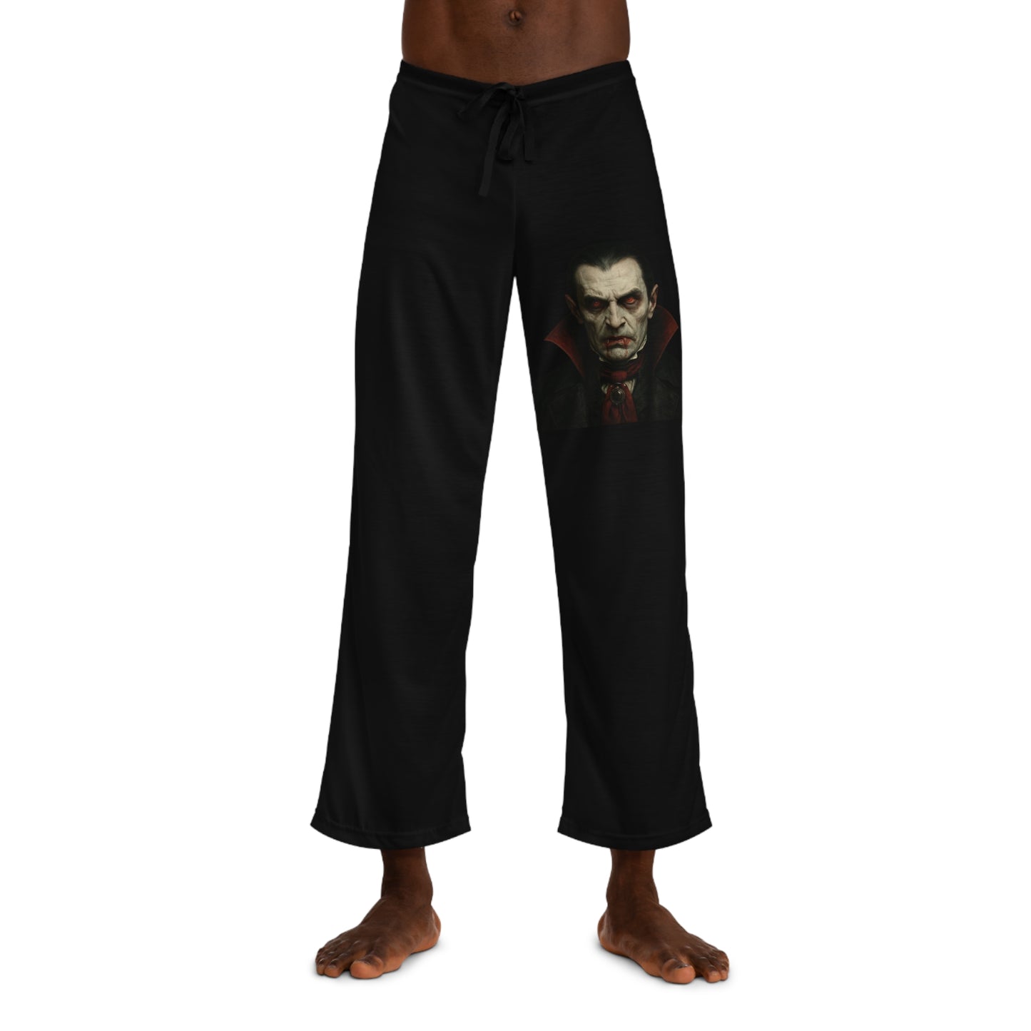 Vampire portrait men's pajama pants with gothic all-over print, Halloween-themed sleepwear from Printify.