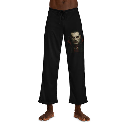 Vampire portrait men's pajama pants with gothic all-over print, Halloween-themed sleepwear from Printify.