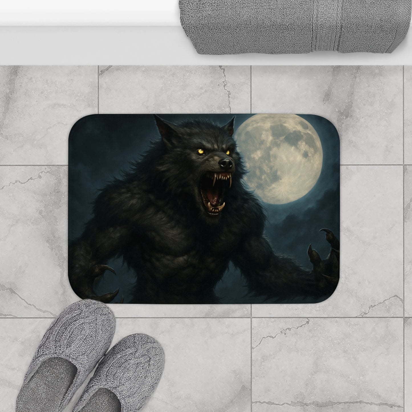 Werewolf Moon bath rug by Printify featuring a spooky horror design with a werewolf moon illustration for bathroom decor