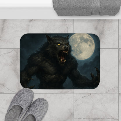 Werewolf Moon bath rug by Printify featuring a spooky horror design with a werewolf moon illustration for bathroom decor