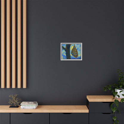Framed matte canvas art of a starry nut cluster with dried plum in a tree, by Printify, showing vibrant colors and detailed design.