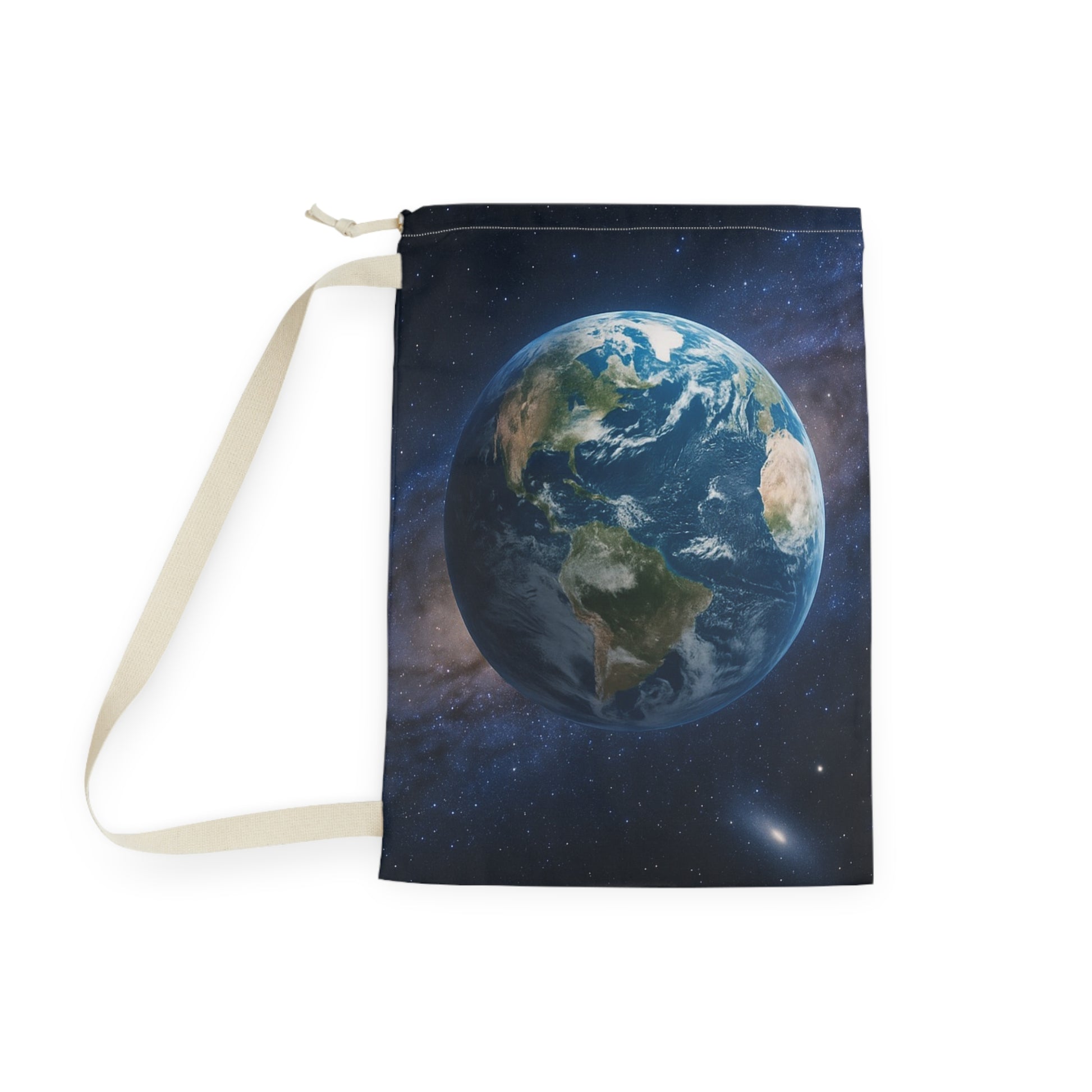 Earth globe-themed laundry bag by Printify featuring planet space print on canvas with drawstring closure.