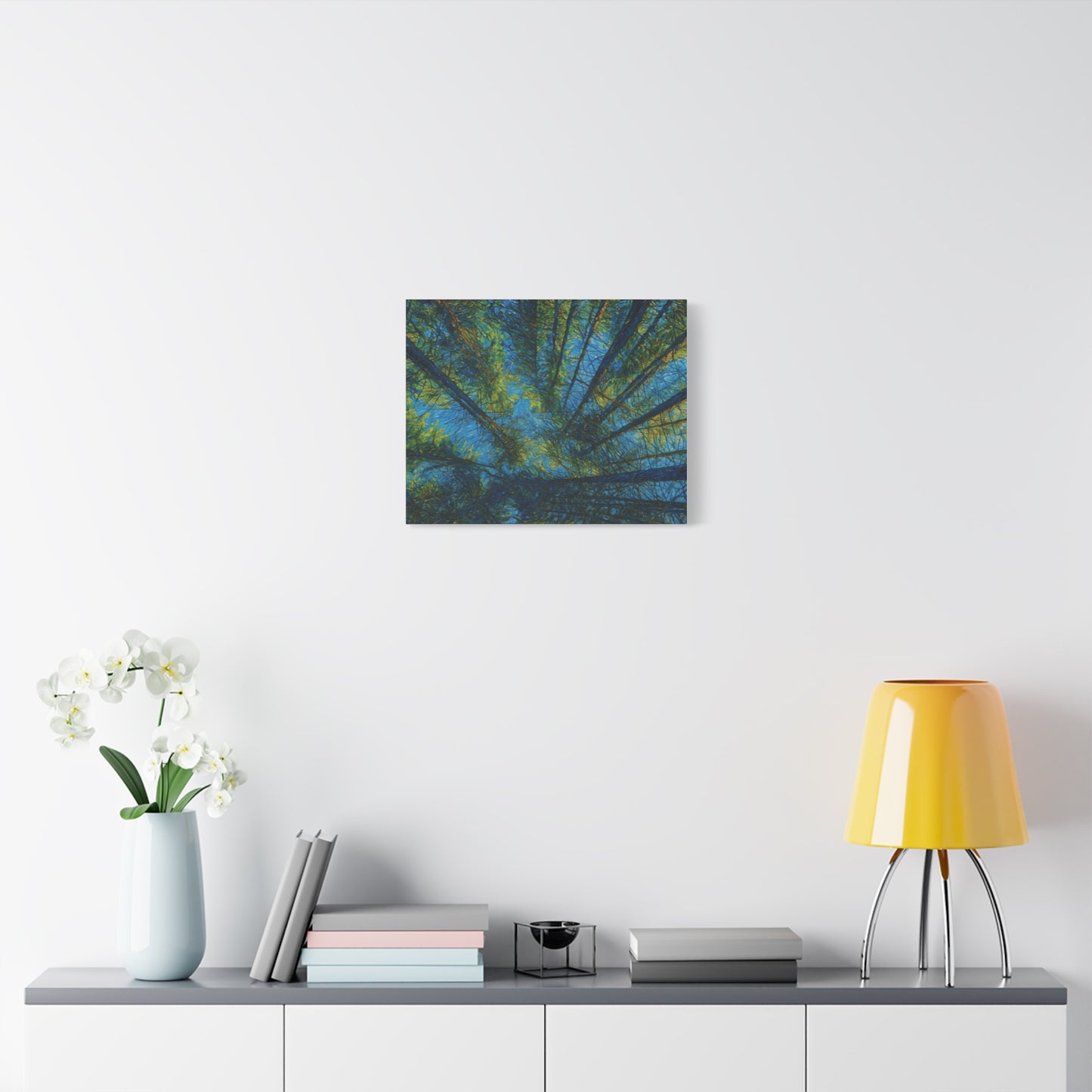 Forest Canopy Matte Canvas Wall Art — Upward View of Trees, Blue & Green Nature Print
