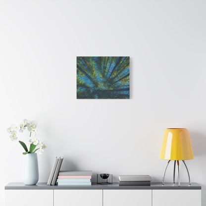 Forest Canopy Matte Canvas Wall Art — Upward View of Trees, Blue & Green Nature Print