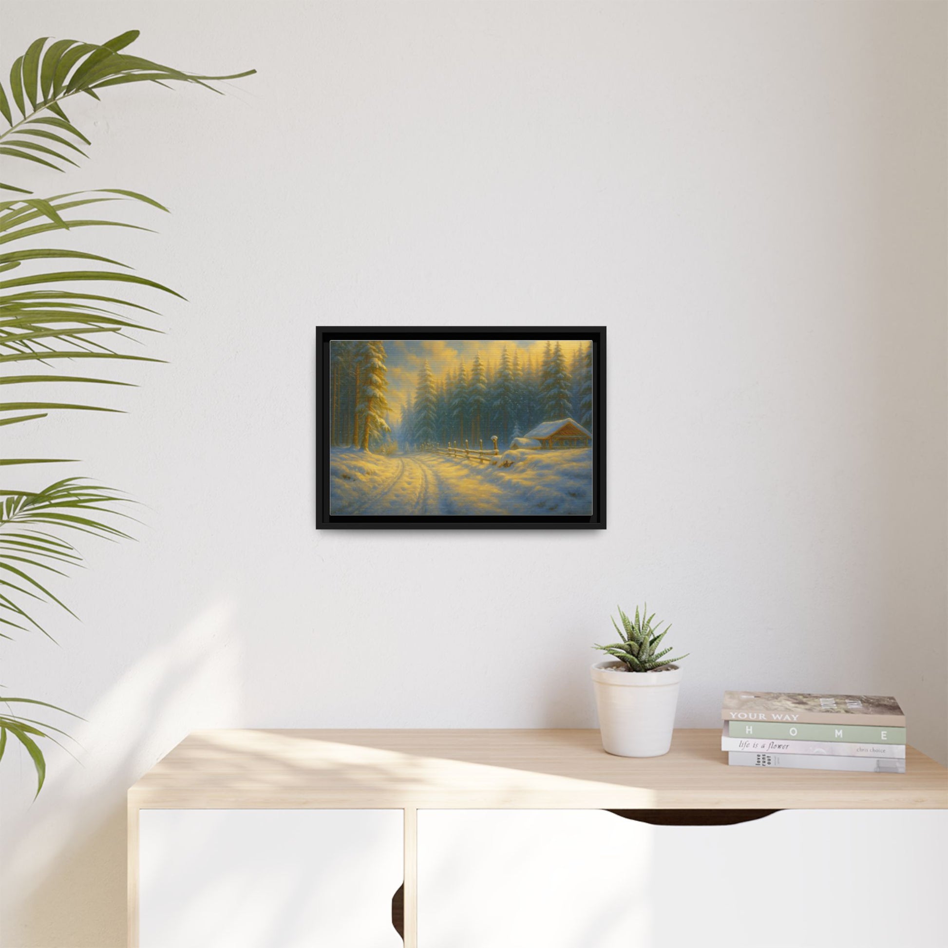 Framed winter cabin canvas print featuring a snowy forest sunset, wall art from Printify with vivid winter landscape imagery.