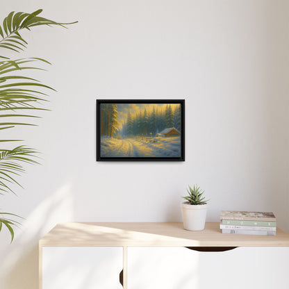 Framed winter cabin canvas print featuring a snowy forest sunset, wall art from Printify with vivid winter landscape imagery.