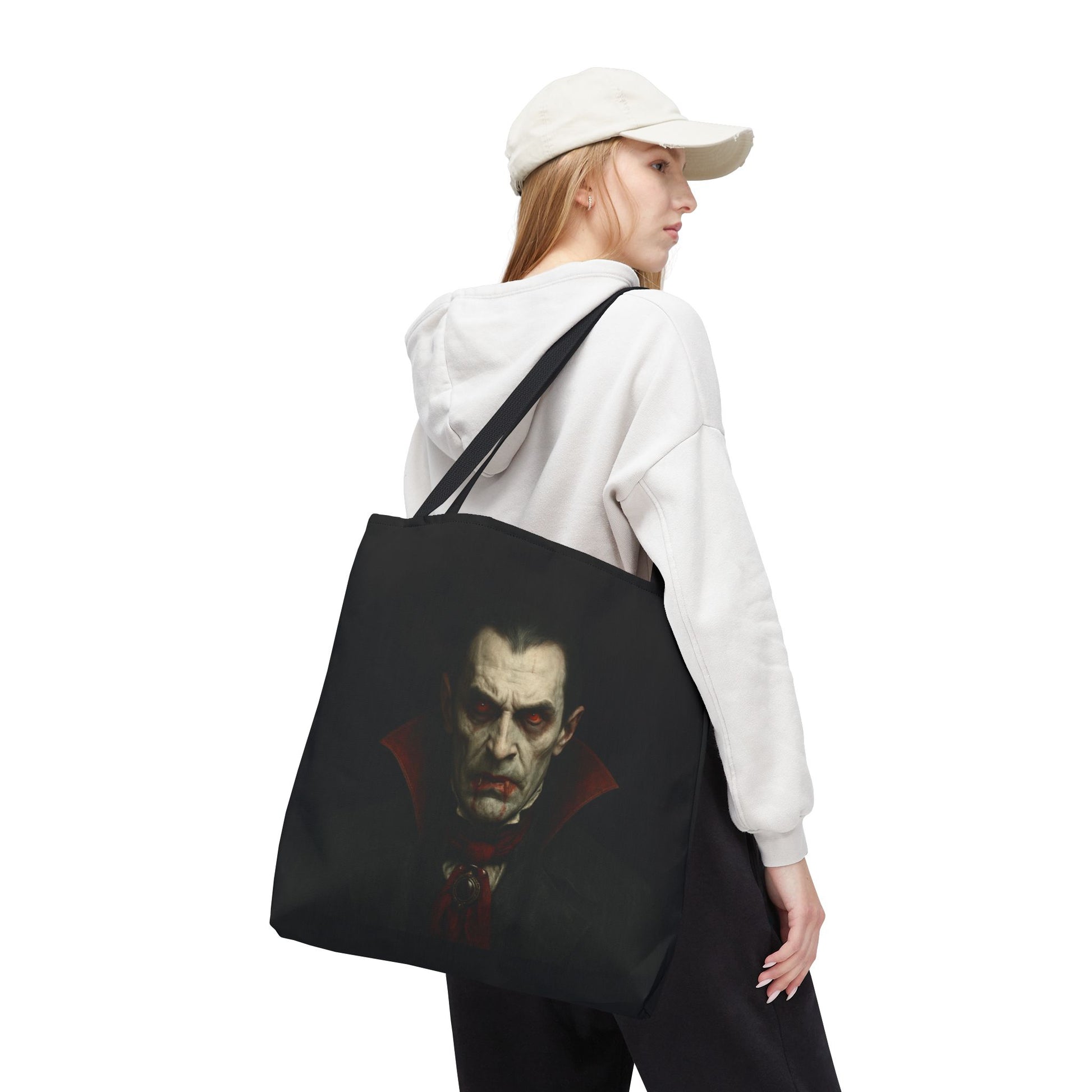 Black vampire tote bag with spooky gothic design, perfect for Halloween accessories, by Printify.