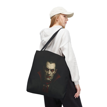 Black vampire tote bag with spooky gothic design, perfect for Halloween accessories, by Printify.