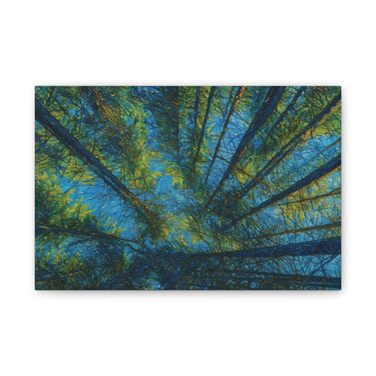 Forest canopy canvas print featuring upward view trees wall art, printed on stretched canvas by Printify.