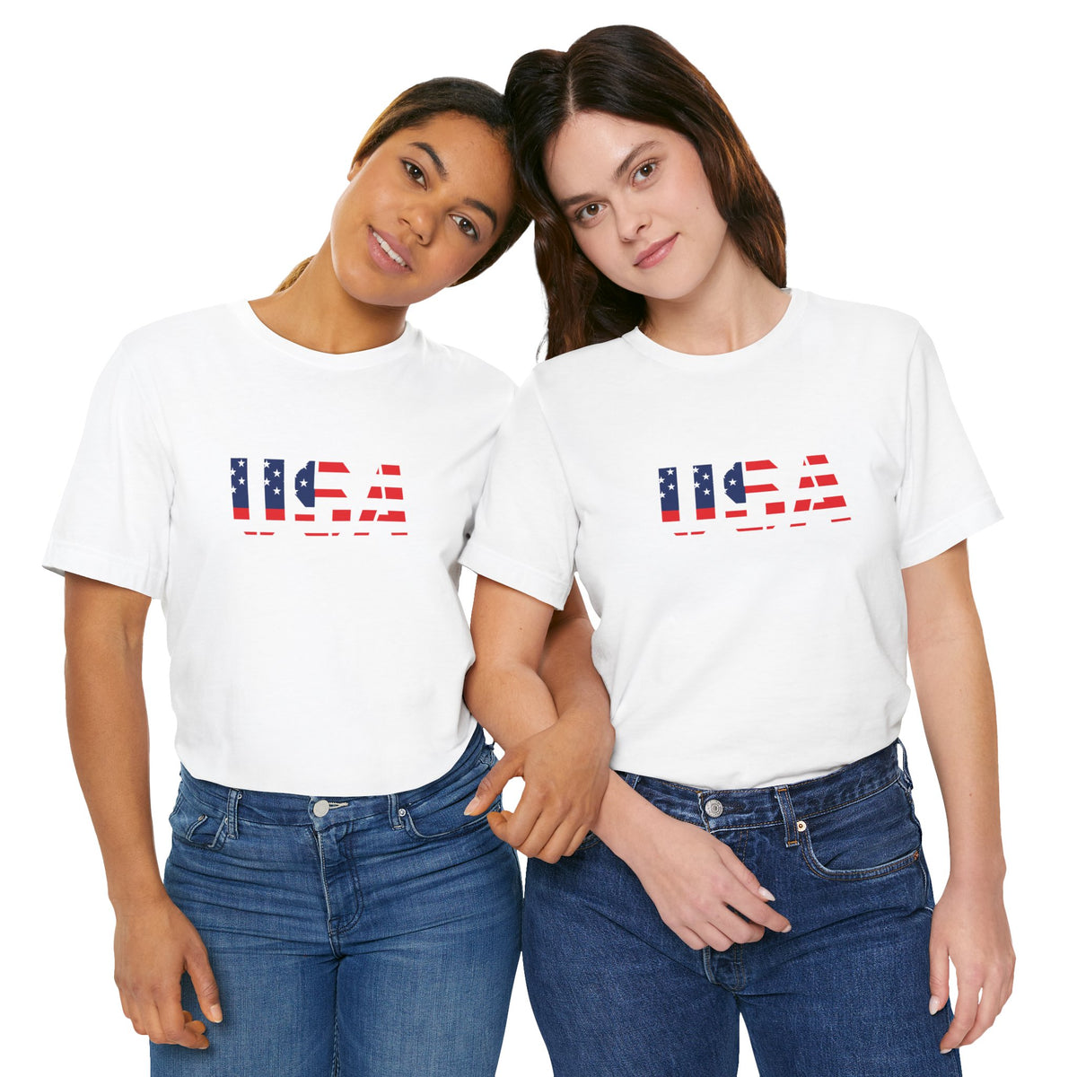 USA flag text T-shirt by Printify featuring patriotic design, perfect for Fourth of July celebrations and casual wear.