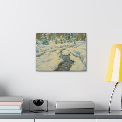 Snowy forest stream winter landscape canvas wall art by Printify, showing a tranquil snowy forest scene with a flowing stream.