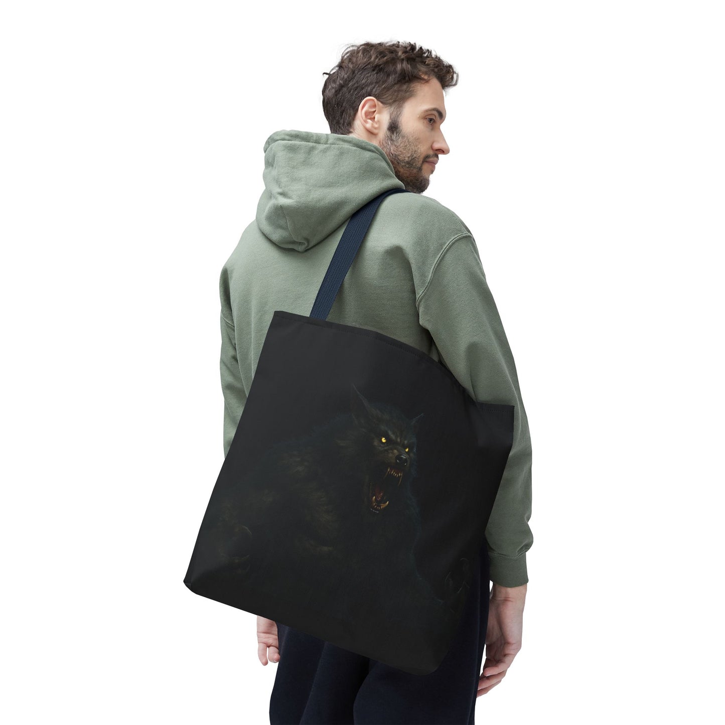 Werewolf tote bag featuring dark Halloween art, perfect gift for horror fans, made by Printify.