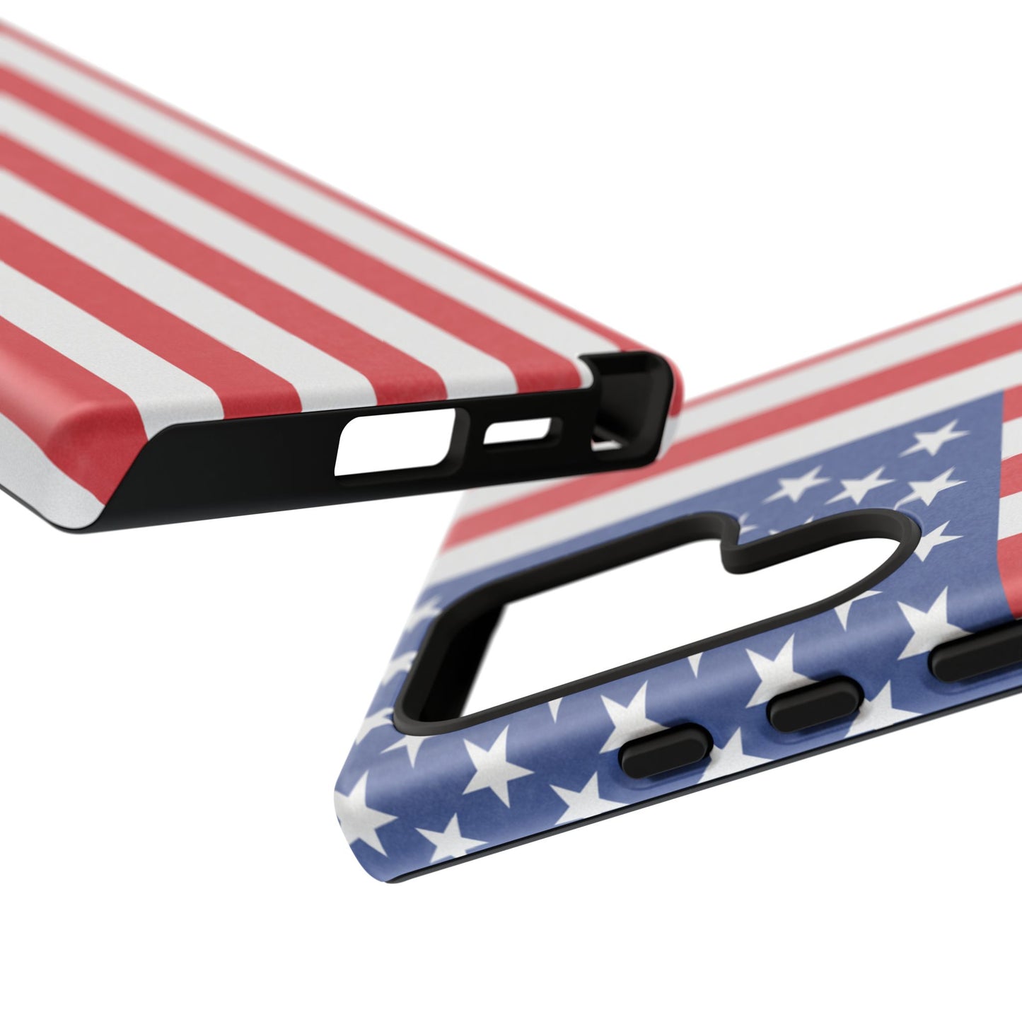 American flag tough phone case for iPhone and Samsung, patriotic protective cover with bold flag design by Printify.