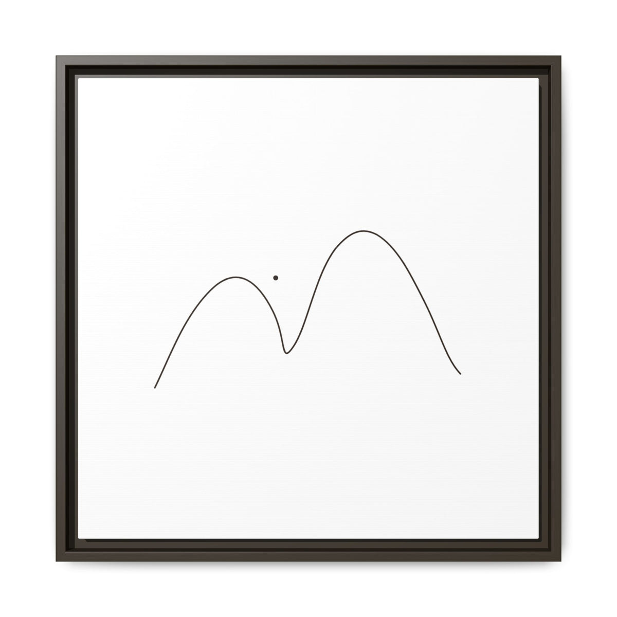 Framed minimalist mountain line art canvas print by Printify, featuring simple black mountain outline on matte canvas background.