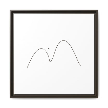 Framed minimalist mountain line art canvas print by Printify, featuring simple black mountain outline on matte canvas background.