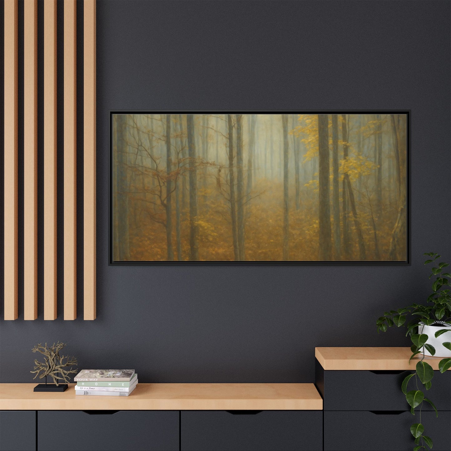 Framed matte canvas wall art of misty autumn forest featuring trees and fall colors, by Printify.
