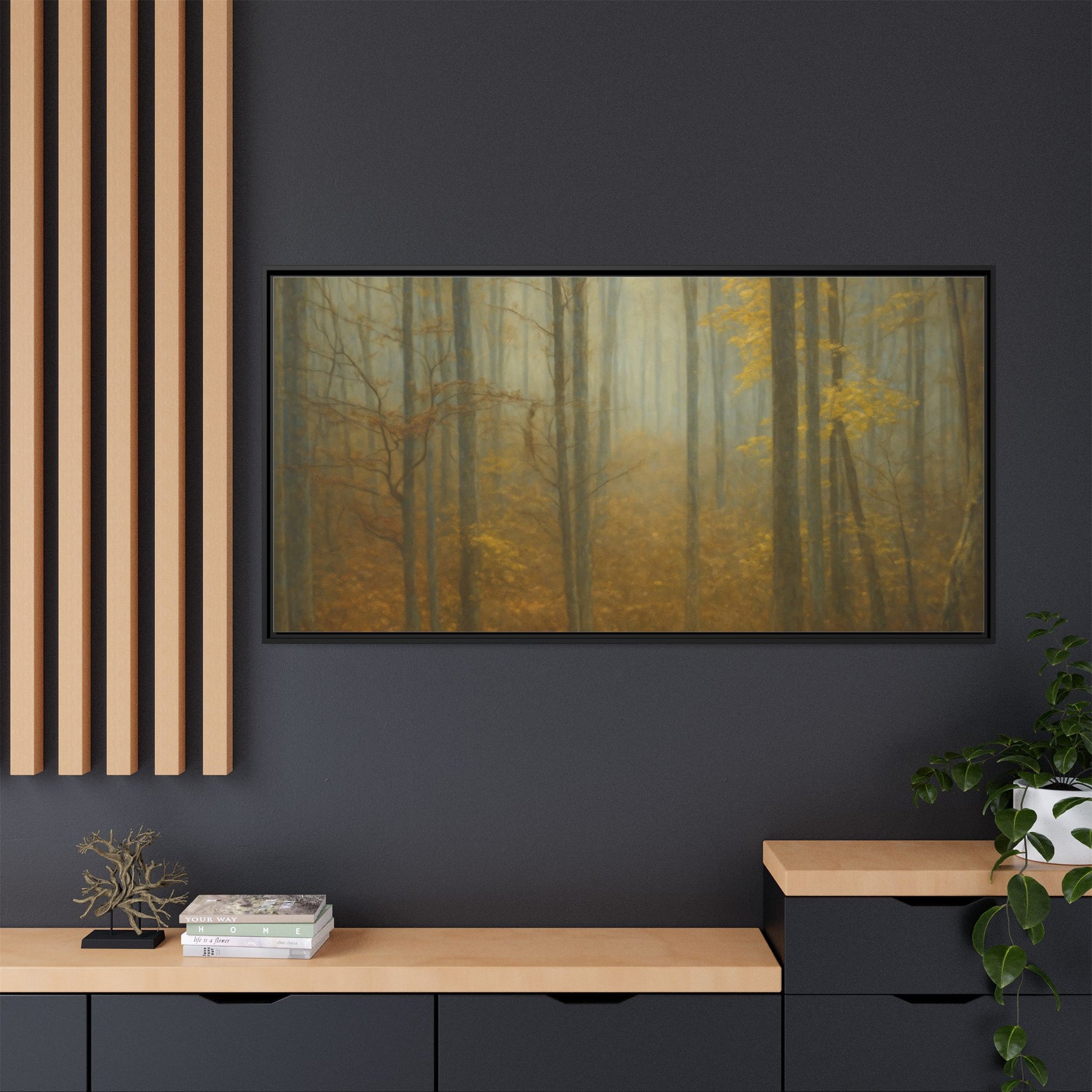 Framed matte canvas wall art of misty autumn forest featuring trees and fall colors, by Printify.