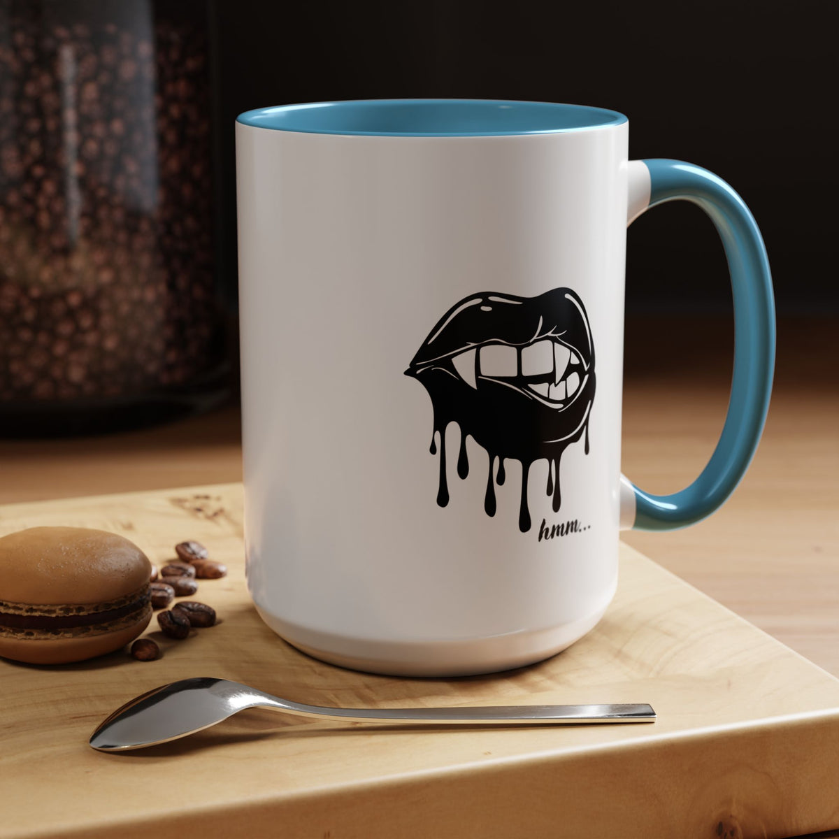 Black accent Dripping Bite coffee mug by Printify, 11oz or 15oz size, featuring a unique dripping bite design on ceramic mug.